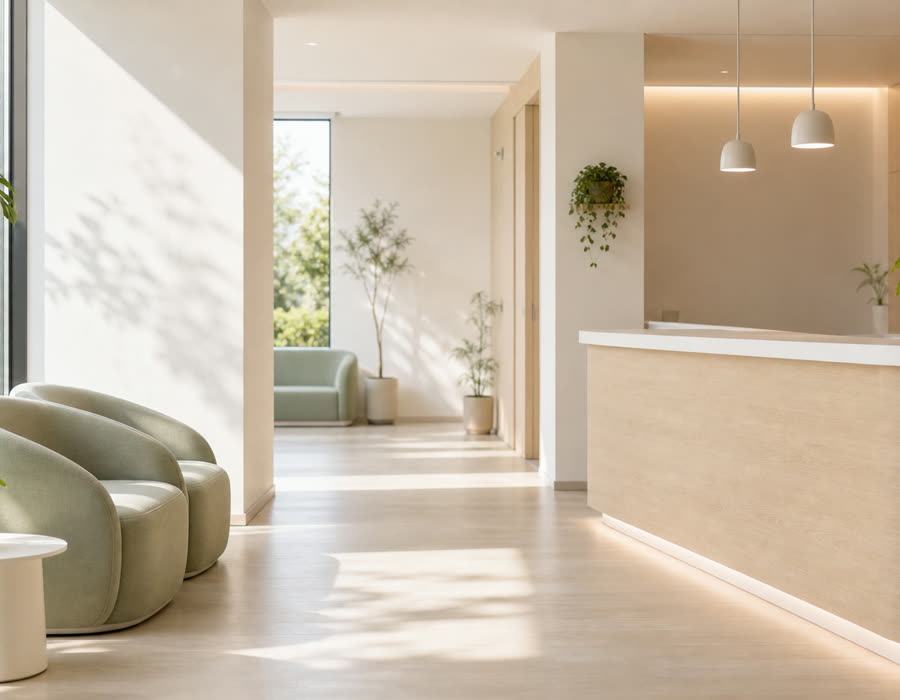Recepción y sala de espera de la clínica, con butacas verdes y mostrador de madera